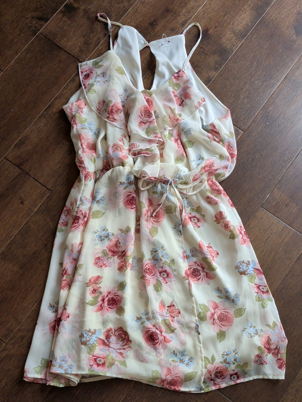 Floral Ruffle Tie-Waist Sundress in Cream and Pink